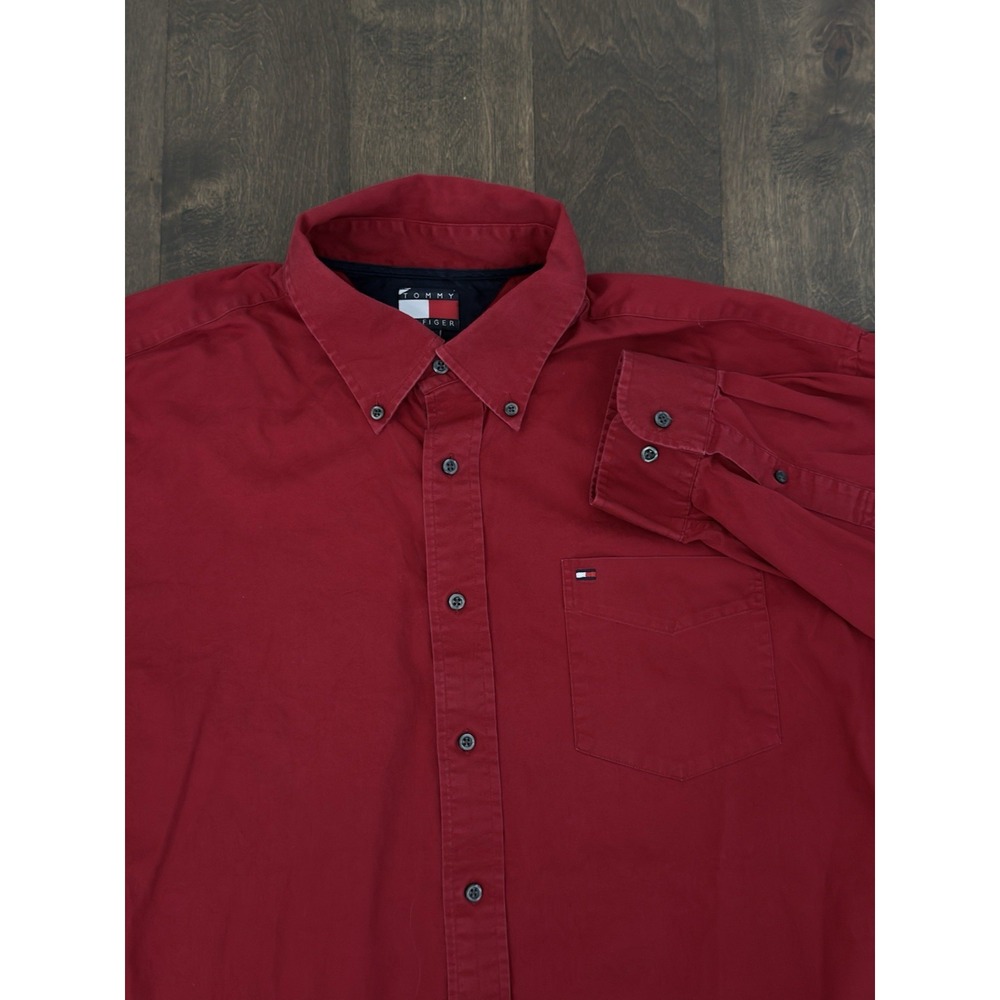 Vintage Tommy Hilfiger Mens Red Button Down Long Sleeve Pocket Flag Logo Size XL